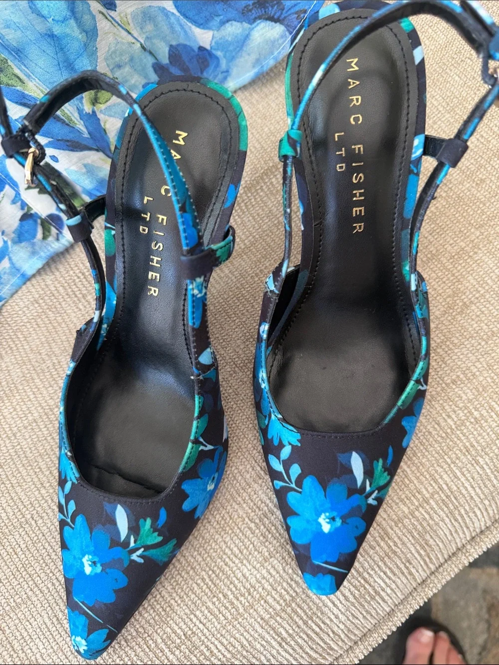 Marc Fisher Blue Floral Slingback Heels